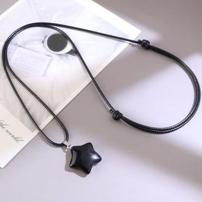 Natural Gemstone Simple Star Choker Necklace for Women, Minimalist Star Pendant Necklaces Adjustable Wax Chain - color: Black Obsidian