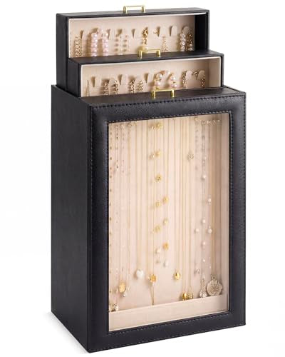 Huquary 3 Layer Vertical Necklace Holder Organizer Box 12.6" x 7.9" x 5", 30 Hooks PU Necklace Storage Box with Clear Lid Necklaces Display Case for Jewelry Organizer Storage Women Gift (Black) - color: Black