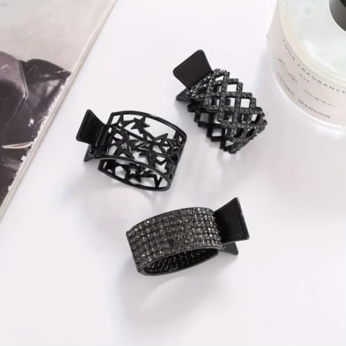 3-Piece Black Hollow Design Hair Tie Set - Star Cutout, Lattice & Rhinestone Styles, Perfect for Ponytails & Party Hairstyles