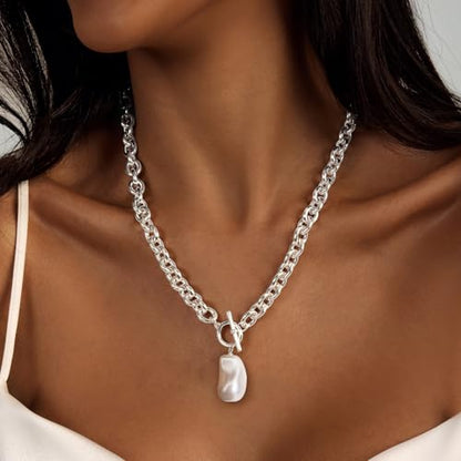 IMBOS 14K Gold Plated Chunky Chain Choker Necklaces for Women Chunky Gold Necklace Tennis Necklace for Women CZ Love Chain Cuban Link Choker Jewelry Gifts - color: Silver-Baroque Pearl Necklace