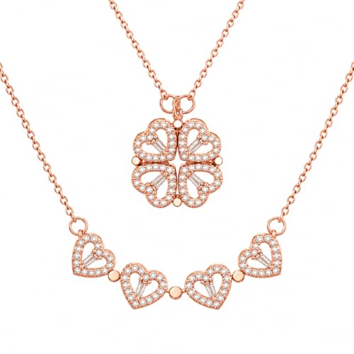 Rich London 18K Rose Gold Plated 2-in-1 Clover Heart Pendant Necklace for Women | Elegant Crystal Charm Jewellery - color: Golden