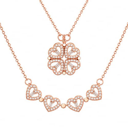 Rich London 18K Rose Gold Plated 2-in-1 Clover Heart Pendant Necklace for Women | Elegant Crystal Charm Jewellery - color: Golden