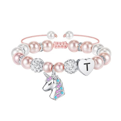 Hidepoo Gifts for Kids Girls - Unicorn Bracelets for Girls Kids, CZ Initial Unicorns Bracelet Adjustable Heart Initial Unicorn Bracelets Jewelry Birthday Gifts for Girl - style: T