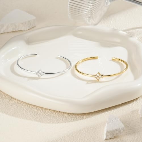 Gold Cuff Bracelets for Women, 14K Gold Plated Dainty Open CZ Cuff Bracelet Adjustable Stackable Open Bangle Bracelet Birthday Jewelry Gift for Her - color: Four Clover CZ-Gold