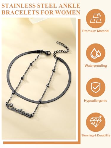 Custom4U Custom Name Anklet Bracelets for Women Waterproof Beaded/Figaro/Cuban/Rope/Wheat Chain Anklet Stackable Gold Plated Non Tarnish Custom Beach Gift Barefoot Summer Jewelry for Her - color: F03-Black Herringbone Chain
