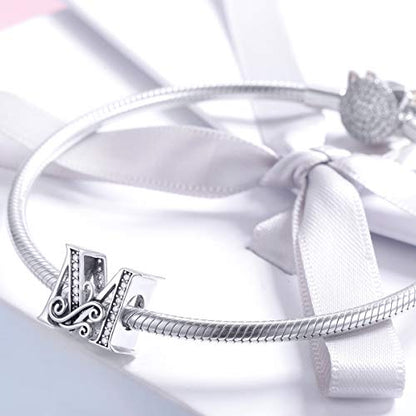 BISAER 925 Sterling Silver Initial Letter A-Z Charms for Bracelets Alphabet Beads Charm Jewelry Gifts - color: Letter M