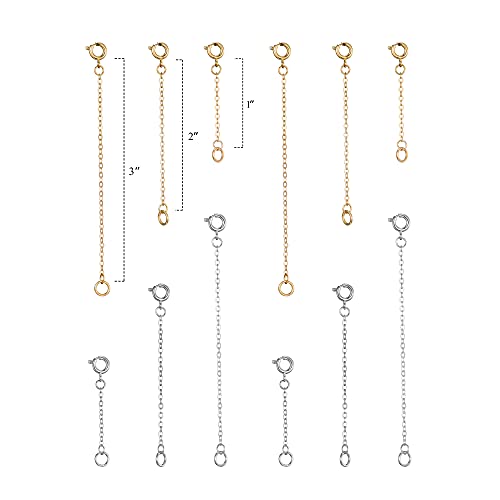 Softones 12-18Pcs Ankle Bracelets Extenders-Extension for Womens Jewelry(1 2 3 Inch),with Lobster Clasp and O-Clasp from Gold Silver Rose Gold - color: G:O-clasp 6-Gold 6-Silver