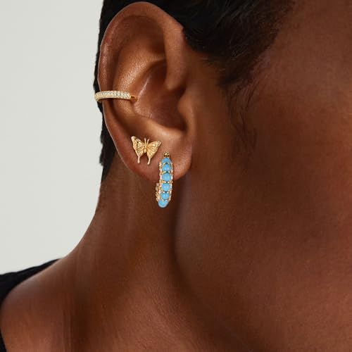 DREMMY STUDIOS Gold Dainty Huggie Hoop Earrings 18K Gold Plated Exquisite Open Tassel Dangle Charm Drop Sleeper Geometric Cross Coin Star Heart White CZ Simple Hypoallergenic Earrings for Women - color: Turquiose CZ Hoops