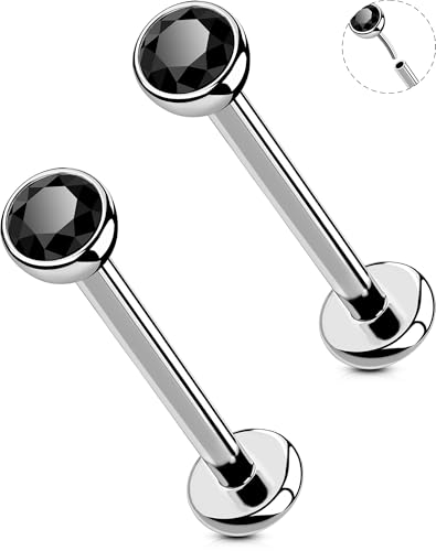 OUFER 2Pcs 20G/18G/16G G23 Titanium Threadless Nose Stud Earrings Flat Back Tiny CZ Small Nose Helix Cartilage Tragus Conch Labret Medusa Monroe Piercing Jewelry for Women Men - color: Silver Black, size: 2pcs, 20g 7mm, 2.5mm cz
