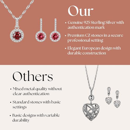 925 Sterling Silver Wedding Jewelry Set for Women - Sapphire Tone Gemstone Pendant Necklace and Stud Earrings with Cubic Zirconia Halo Design - Premium Rhodium Plated Finish - color: Red