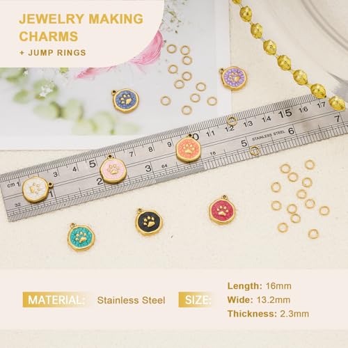 UAMOKANG 8pcs Mixed Color Enamel Round Charms for Jewelry Making, Gold Plated Stainless Steel Paws Bulk Charm Pendant for Necklace Bracelet DIY - color: Round Paw