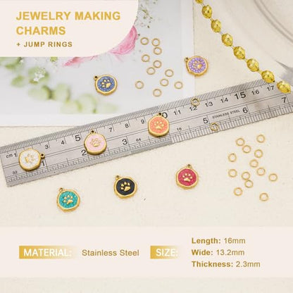 UAMOKANG 8pcs Mixed Color Enamel Round Charms for Jewelry Making, Gold Plated Stainless Steel Paws Bulk Charm Pendant for Necklace Bracelet DIY - color: Round Paw