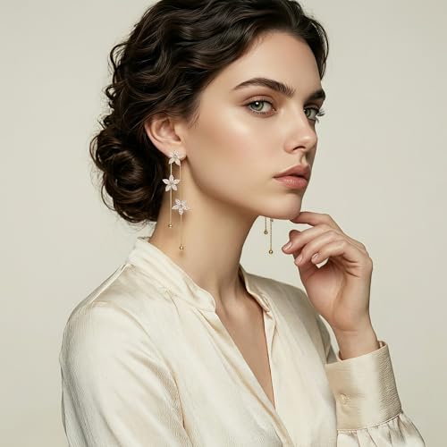14K Gold Plated CZ Flower Dangle Earrings for Women, Sparkly Cubic Zirconia Long Tassel Drop Earrings, Bridal Wedding Jewelry - color: E:Flower earrings