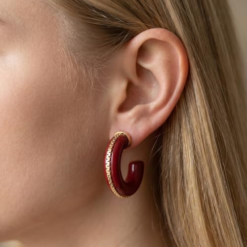 Gold Plated Resin Chunky Hoop Earrings Hypoallergenic Push Back Hoops for Sensitive Ears - color: Burgundy