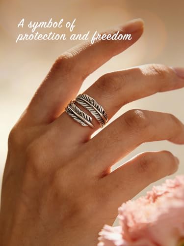 AVECON S925 Sterling Silver Turquoise/Labradorite/Just Breathe/Onyx Rings | Hypoallergenic Adjustable Open Feather Gift Women Men Thumb Spoon Statement Western Band Jewelry for Anniversary - color: silver