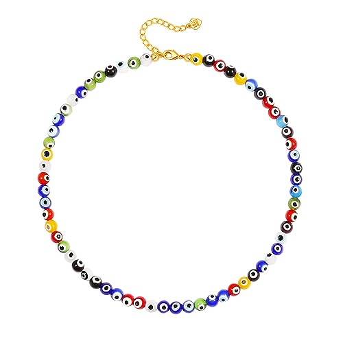 Aobei Pearl Gemstone Beaded Choker Necklace for Women Boho Turquoise/Cultured Freshwater Pearls/Garnet/Amazonite Jewelry - color: N Colorful Evil Eye