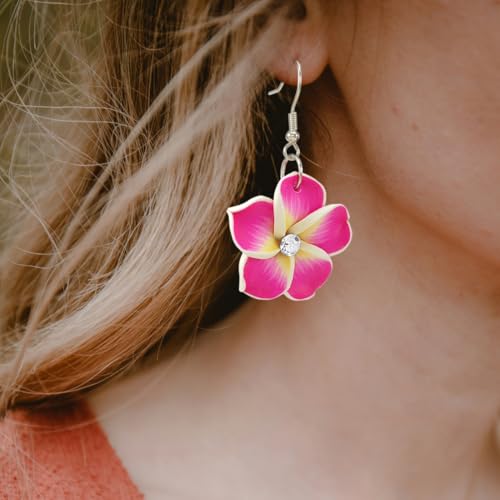 Floral Dangle Earrings for Women Hawaiian Tropical Plumeria Rubra Flower Drop Earrings with Cubic Zirconia Luau Beach Party Vacation Hawaiian Accessories Jewelry Gift - color: Hot Pink