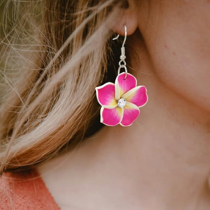 Floral Dangle Earrings for Women Hawaiian Tropical Plumeria Rubra Flower Drop Earrings with Cubic Zirconia Luau Beach Party Vacation Hawaiian Accessories Jewelry Gift - color: Hot Pink