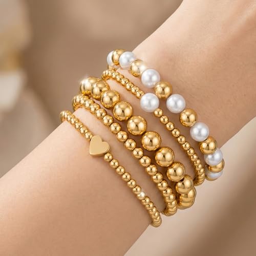 Gold Bracelets for Women 14K Gold Charm Bracelet Non Tarnish Gold Jewelry for Women Valentines Day Beaded Bracelets Stackable Bracelets