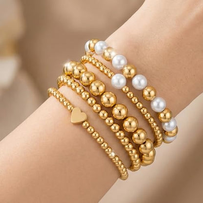 Gold Bracelets for Women 14K Gold Charm Bracelet Non Tarnish Gold Jewelry for Women Valentines Day Beaded Bracelets Stackable Bracelets