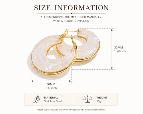Gold Plated Stainless Steel Acrylic Hoop Earrings for women,Chunky Marbled Resin C-Hoops - CLOUD WHITE