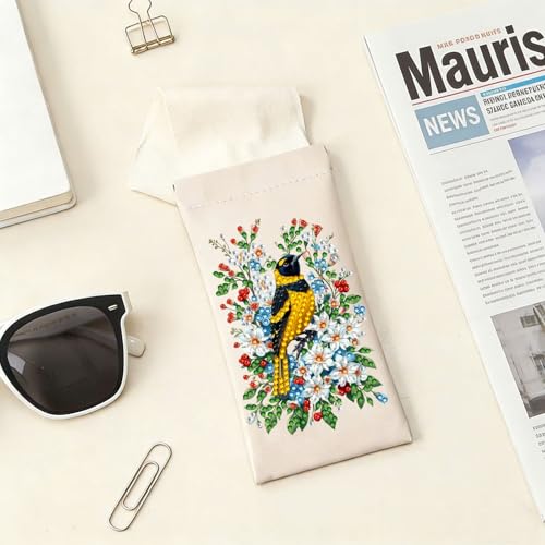 Diamond Art Painting Eye Glass Bag PU Sunglasses Glasses Storage Bag Built-in Glasses Cloth Press Automatic Closure - color: Oriole