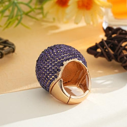 Gold Snowball Rhinestone Cocktail Ring – Adjustable Stretch Sparkling Party Jewelry for Women, Elegant Costume Ring for Evening Wear, Wedding, Prom - color: purple