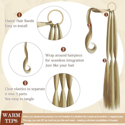 Long Braid Ponytail Extension with Hair Tie Straight Sleek Wrap Around Hair Extensions Braid Pony Tail Fluffy Natural Synthetic Hairpieces for Women Daily Wear,26 inch- Brown & Bleach Blonde - color: Light Ash Brown & Bleach Blonde, size: 26 Inch (Pack of