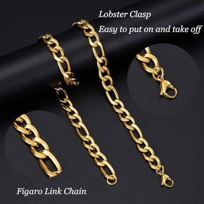 Stainless Steel Figaro Link Chain Necklace For Men Women, 3mm 4mm 5mm 7mm Width, 18k Gold Plated 18 20 22 24 Inch Figaro Chain, No Tarnish Durable Waterproof Jewelry - color: 7MM Gold, size: 20inches