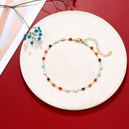 Boho Beaded Ankle Bracelet Beach 18 K Gold Plated Anklet Bracelets Handmade Colorful Seed Beads Butterfly Evil Eye Heart Link Chain Anklet Pack Cute Summer Foot Jewelry for Women - style: beaded ankle bracelet A set