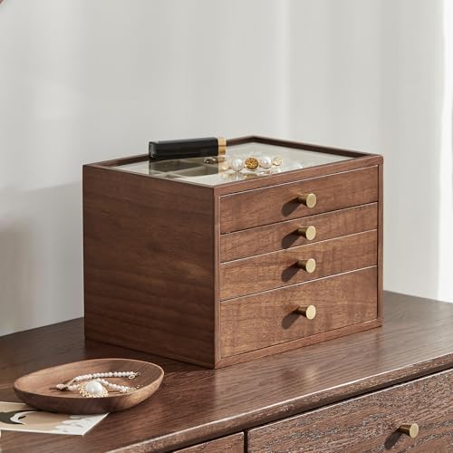 Black Walnut Wooden Women Jewelry Box with Glass Lid, 4 Layer | Large Drawer Jewelry Organizer,Velvet-Lined, For Necklaces, Watch, Ring, Earring, Ideal Gift for Her - style: 4 Layer A
