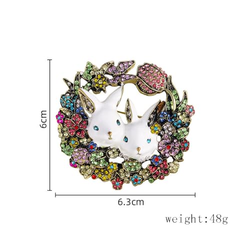 Vintage Rabbit Rhinestone Wreath Brooch Lapel Pins for Women Girls Fashion Crystal Bunny Animal Bff Brooches Pin Dainty Cute Easter Day Party Friendship Clothes Accessory Jewelry Christmas Birthday