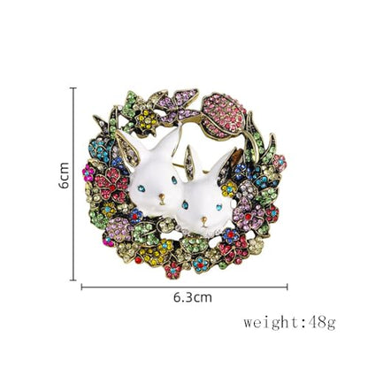 Vintage Rabbit Rhinestone Wreath Brooch Lapel Pins for Women Girls Fashion Crystal Bunny Animal Bff Brooches Pin Dainty Cute Easter Day Party Friendship Clothes Accessory Jewelry Christmas Birthday