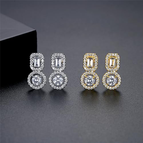 Gold Plated Geometric Style Sparkly Dainty Rectangle Teardrop Shaped AAAAA Australia Crystal with Cubic Zirconia Y Necklace Fashion Jewelry for Women & Teen Girls - color: Rectangle Round Earring GD