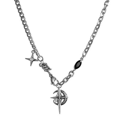 Stainless Steel Star Moon Starburst Pendant Necklace, Punk Black Onyx CZ Chain Necklace for Men Women, Hip Hop Y2K Cool Jewelry Gift