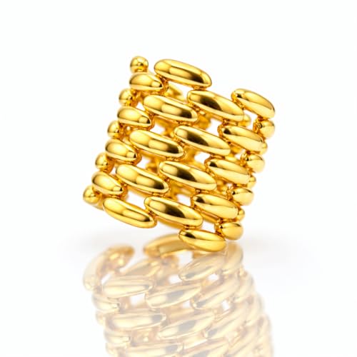 Namami Adjustable Gold Plated & Rhodium Plated(Silver) Wrap Rings for Women | Stackable Pure Brass Tarnish Free & Hypoallergenic, Minimilist Brick Design, 18K Gold Plated Wide Band Chunky Statement Ring - color: Gold
