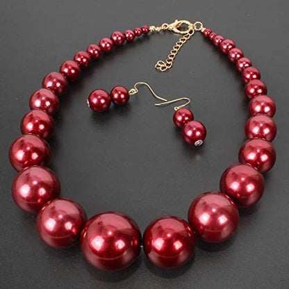 Large Style Big Imitate Pearl Strand Choker Necklace With Earrings Set - color: burgundy