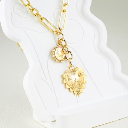 ORIGENCE Sun Heart Necklace for Women 18K Gold Plated Heart Pendant Necklace Chunky Chain Choker Necklaces Hip Hop Charm Necklaces Trendy Unisex Jewelry - style: 2Charm-Gold