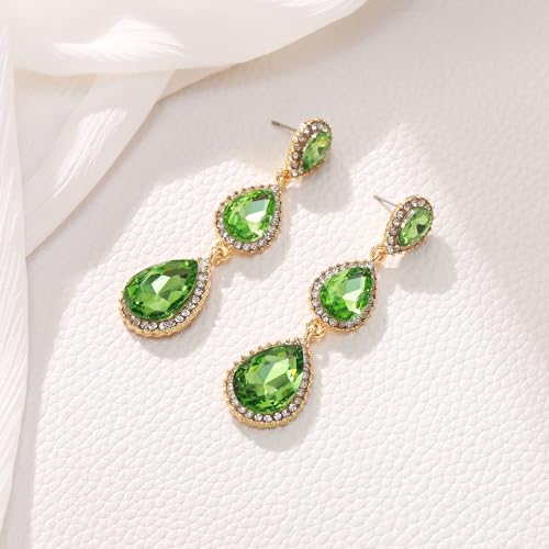 EleQueen Women's Crystal Teardrop Pear Shape 2.5 Inch Long Earrings | Dangle Earrings for Women, TearDrop Crystals Earrings for Bride Bridesmaid, Prom Jewelry for Wedding - color: Light Green Gold-Tone