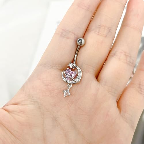 14G CZ Moon Dangle Belly Button Rings for Women Dainty Pink Heart Square Crystal Dangle Belly Button Ring Hypoallergenic Stainless Steel Belly Piercing Jewelry Navel Curved Barbell 3/8"