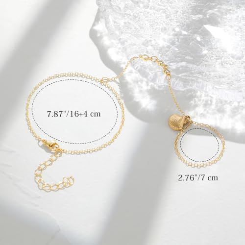 Emibele Gold Bracelets for Women, 18K Gold Plated Hand Chain, Cubic Zirconia Stainless Steel Non Tarnish Hand Chain Bracelet with Finger Ring, Adjustable Trendy Jewelry Valentines Day Gifts for Women - style: Shell Design