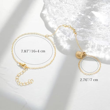 Emibele Gold Bracelets for Women, 18K Gold Plated Hand Chain, Cubic Zirconia Stainless Steel Non Tarnish Hand Chain Bracelet with Finger Ring, Adjustable Trendy Jewelry Valentines Day Gifts for Women - style: Shell Design