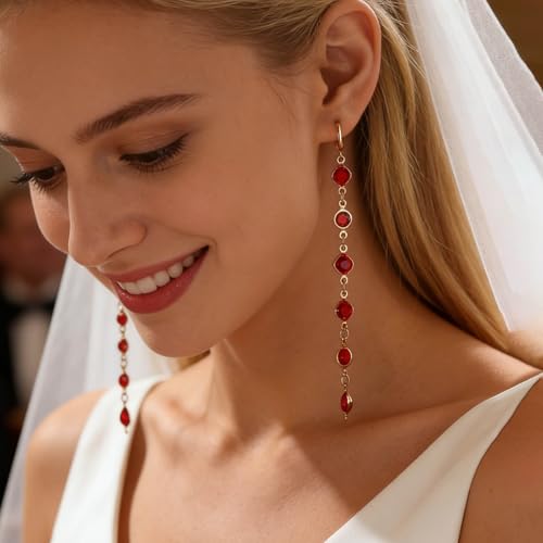 Ruby Crystal Dangle Earrings Red Rhinestone Tassel Drop Earrings Long Cz Chain Tassel Earrings Gold Huggie Hoop Earrings Ruby Wedding Earrings - color: Red