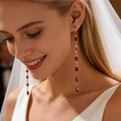Ruby Crystal Dangle Earrings Red Rhinestone Tassel Drop Earrings Long Cz Chain Tassel Earrings Gold Huggie Hoop Earrings Ruby Wedding Earrings - color: Red