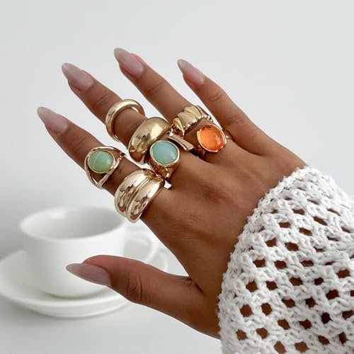 Chunky Gold Gemstone Ring Set for Women Adjustable Stackable Statement Rings Punk Geometric Turquoise Minimalist Jewelry - style: B-Gold