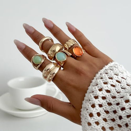 Chunky Gold Gemstone Ring Set for Women Adjustable Stackable Statement Rings Punk Geometric Turquoise Minimalist Jewelry - style: B-Gold