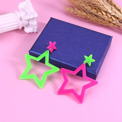 Colorful 80s 90s Neon Star Earrings for Women Retro Glow Party Costume 80s 90s Acrylic Dangle Earrings Outfit - style: Exchange Green and Hot Pink