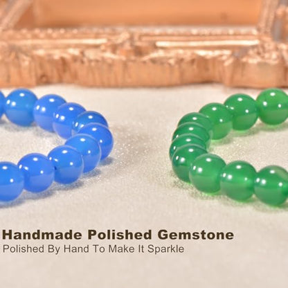 2PCS Agate Bracelet for Women Men Natural Round Beaded Agates Stone Healing Stretch Bracelets Elastic Handmade Polished Gemstone Beads Bracelet - color: Blue+Green, size: 8mm Beads