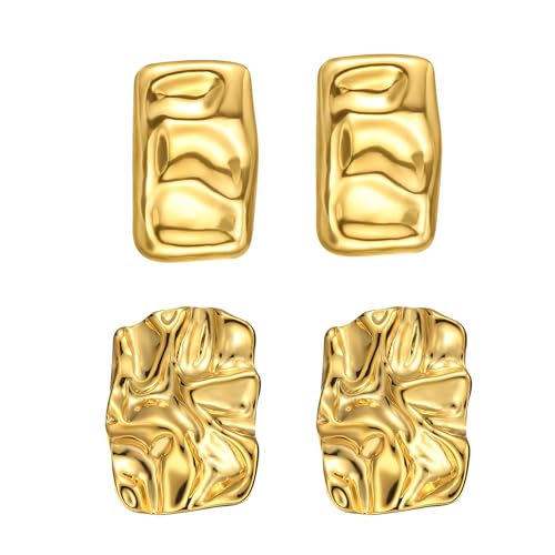 Geometric Rectangle Gold Plated Stud Earrings Irregular Hammered Chunky Statement Square Earrings for Women Trendy - color: Gold Rectangle 2Pairs