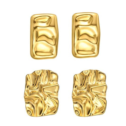 Geometric Rectangle Gold Plated Stud Earrings Irregular Hammered Chunky Statement Square Earrings for Women Trendy - color: Gold Rectangle 2Pairs
